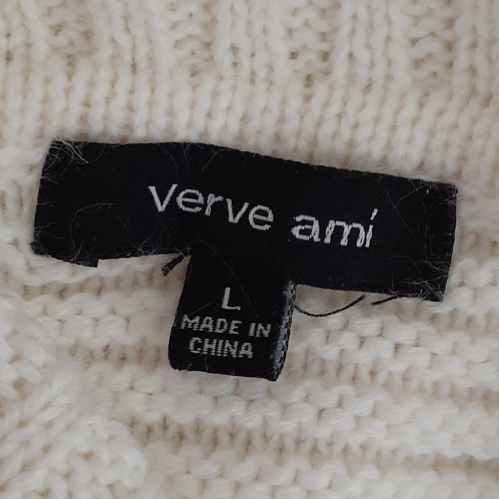 Women's "Verve Ami" Ivory Cowl Neck High-Low Cable Knit Sweater; Size L - Picture 4 of 6